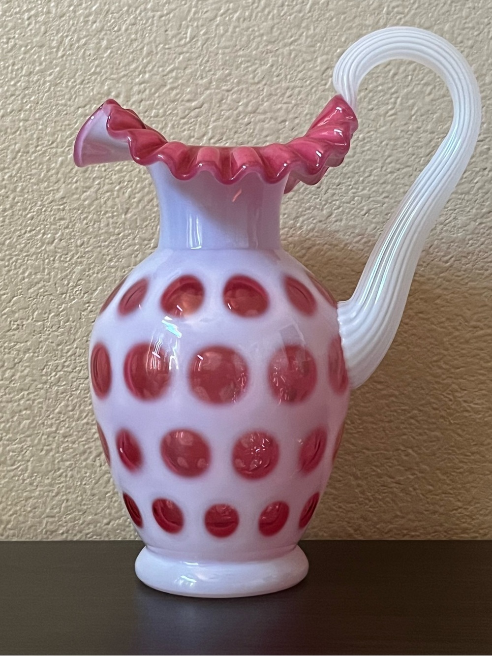 Fenton Cranberry Coin Dot Pitcher/Vase 50th Anniversary Signed Fenton Brothers